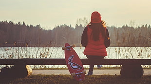 red longboard, skateboard, longboard, nature, river HD wallpaper