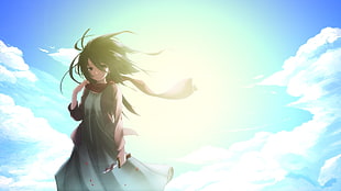 black haired woman in gray dress anime character