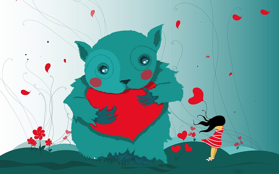 green animal holds heart on front of girl illustration HD wallpaper
