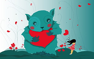 green animal holds heart on front of girl illustration