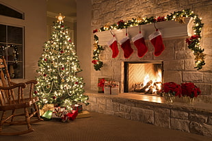 lighted Christmas Tree near black-framed fire place