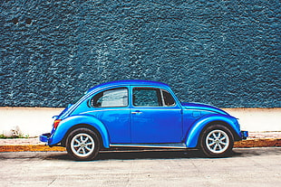 blue Volkswagen Beetle, Auto, Retro, Side view