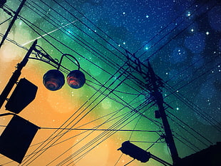 silhouette photo of electricity post, night, shooting stars HD wallpaper