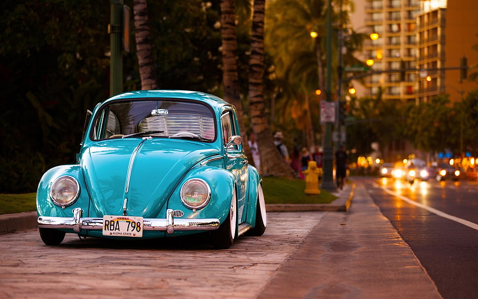 teal Volkswagen Beetle, vehicle, car, blue cars, Volkswagen HD wallpaper