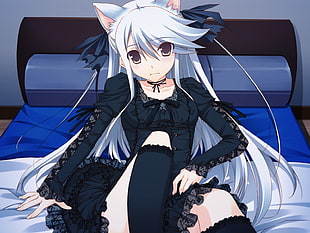 female anime character with long white hair and black dress