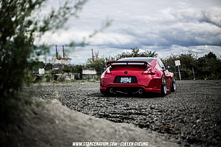 red coupe, Nissan, Nissan 350Z, Stance, Stanceworks HD wallpaper