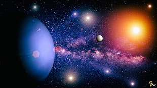 planets on sky, space, planet, Neptune, sun rays HD wallpaper