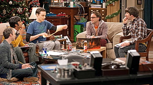 me's red crew-neck shirt, The Big Bang Theory, Sheldon Cooper, Raj Koothrappali, Leonard Hofstadter
