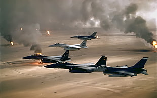 five black and grey fighter planes, jet fighter, General Dynamics F-16 Fighting Falcon, F-15 Strike Eagle, war