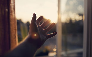 tilt shift photography of left hand in front of window