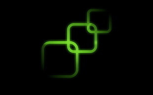 three green box logo, minimalism, black background, green, square