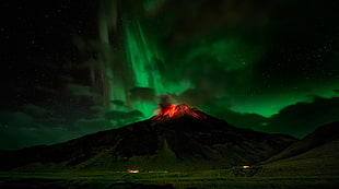 volcano, nature, night, landscape, stars