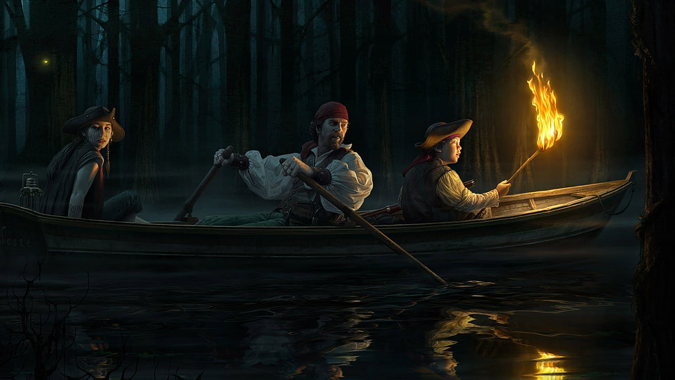 three persons on boat photo, pirates HD wallpaper