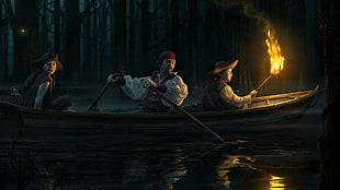 three persons on boat photo, pirates HD wallpaper