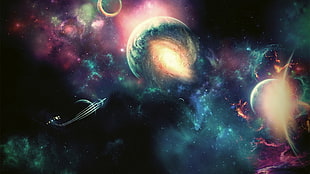 two planets, artwork, fantasy art, galaxy, planet HD wallpaper