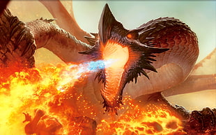 dragon fire breath digital wallpaper, dragon, fire, fantasy art, Magic: The Gathering
