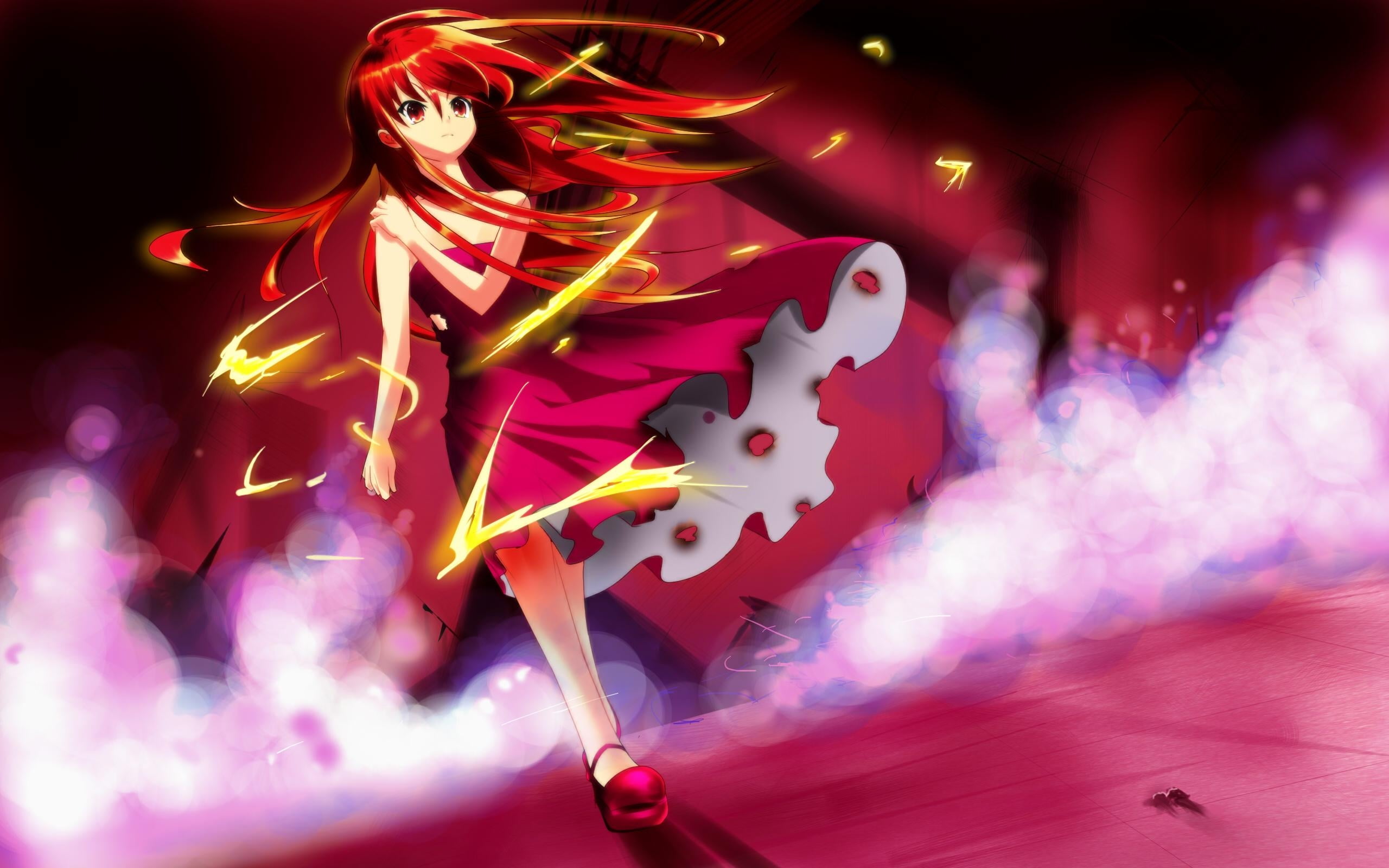 red haired female anime character in red dress