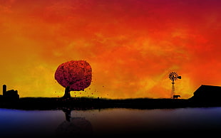 silhouette of barn, artwork, trees, sky, landscape