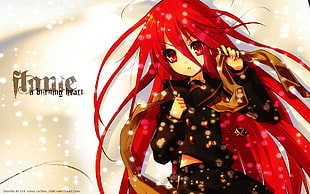 red long hair female anime character poster