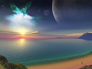 calm ocean at sunset digital wallpaper, landscape, photo manipulation
