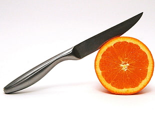 stainless steel knife and sliced orange illustration