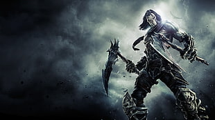 male skull holding battle weapon game HD wallpaper