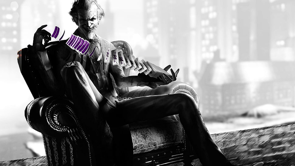 man playing cards sitting on sofa graphic wallpaper, couch, armchairs, Joker, cards HD wallpaper