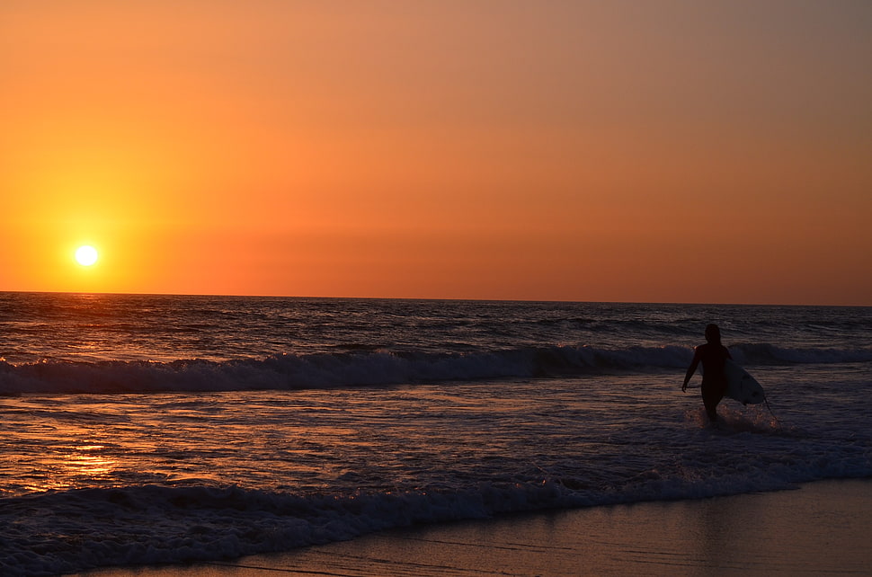 seashore and sun, surfing, sunset, waves, Ozean HD wallpaper