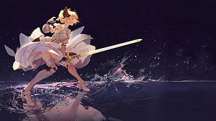anime Fate character in white dress holding a sword