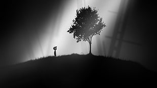silhouette digital art of person standing near tree, trees, monochrome, sunlight, Limbo HD wallpaper