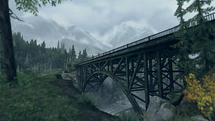 green metal bridge, bridge, CGI, digital art