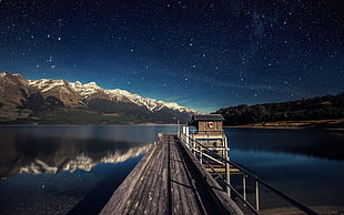 gray wooden dock, moonlight, lake