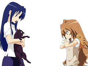 two female anime character facing each other holding cats