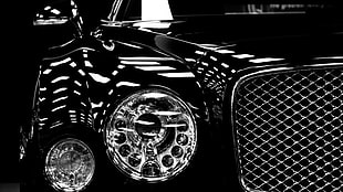 silver-colored analog watch, car, Bentley, monochrome
