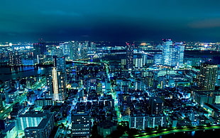 blue building lights, Japan, city lights, blue, night