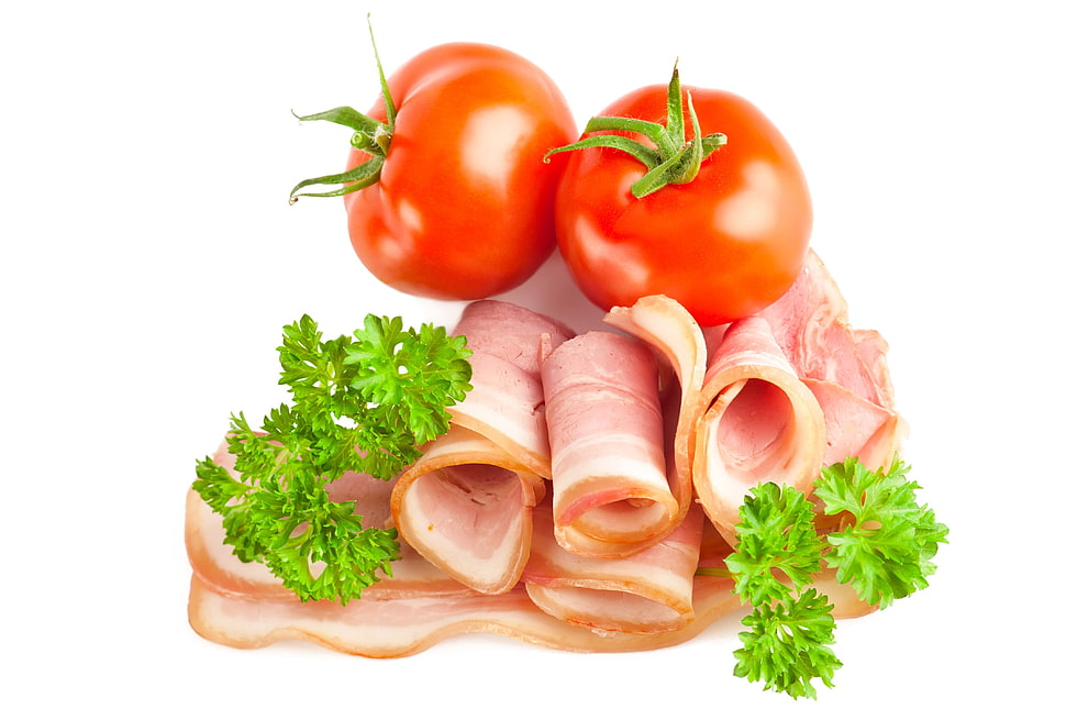 cherry tomatoes;parsley;bacon slices HD wallpaper