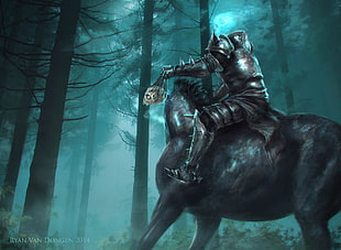 man wearing gray armour riding horse illustration, digital art, horse, death knights, forest