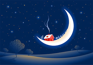 white and red moon and house illustration HD wallpaper