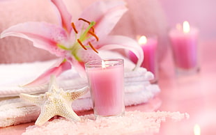 lighted votive candle near star fish HD wallpaper