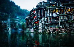 town beside body of water during daytime HD wallpaper