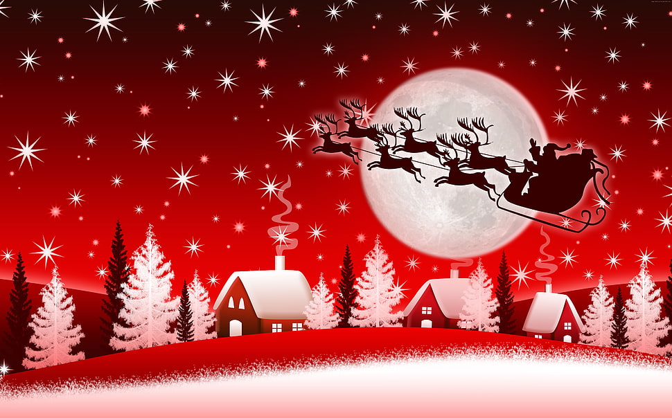 silhouette of Santa Claus and reindeer HD wallpaper
