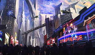 sci fi cityscape wallpaper, futuristic, neon, aircraft