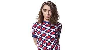woman wearing blue, red, and white airliner-printed crew-neck shirt