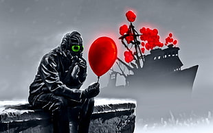 man carrying a red balloon wallpaper HD wallpaper