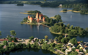 beige and red castle near body of water, Lithuania, castle, lake, Trakai HD wallpaper