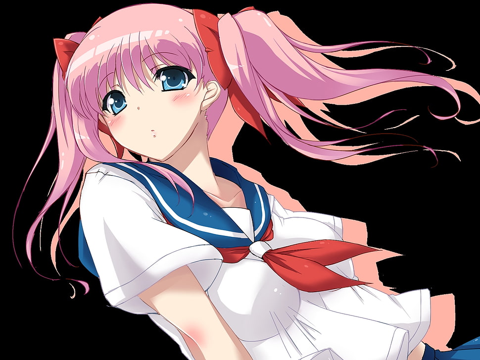 pink haired female anime character in white and blue school uniform HD wallpaper