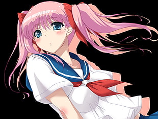 pink haired female anime character in white and blue school uniform
