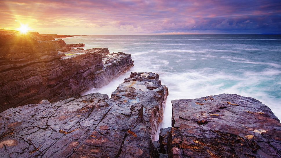 brown rock formation, nature, landscape, sea, sunset HD wallpaper