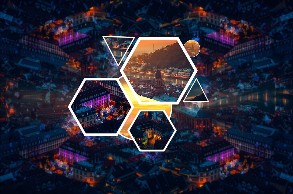 city buildings collage, polyscape, triangle, circle, cityscape HD wallpaper