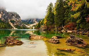 brown rocks, nature, landscape, lake, mountains HD wallpaper